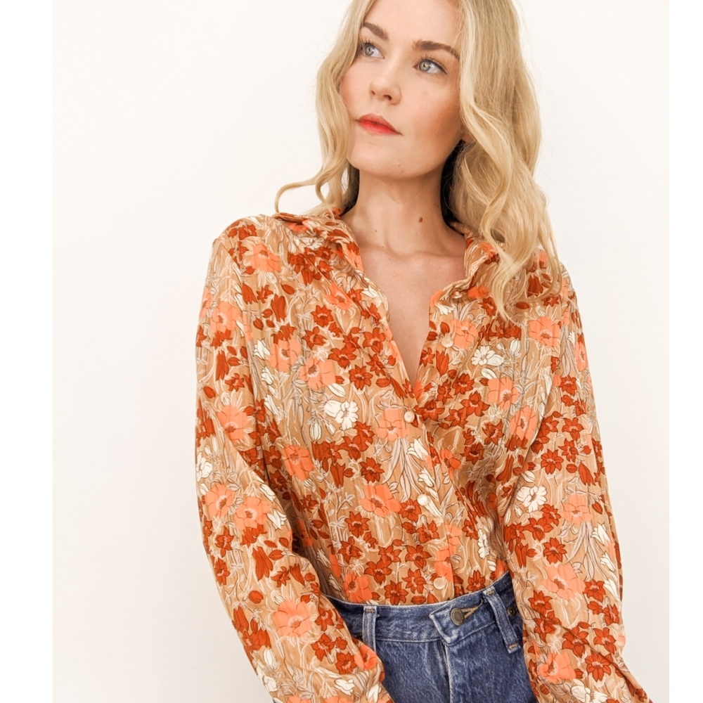 70s Floral Button Down Long Sleeve Blouse
